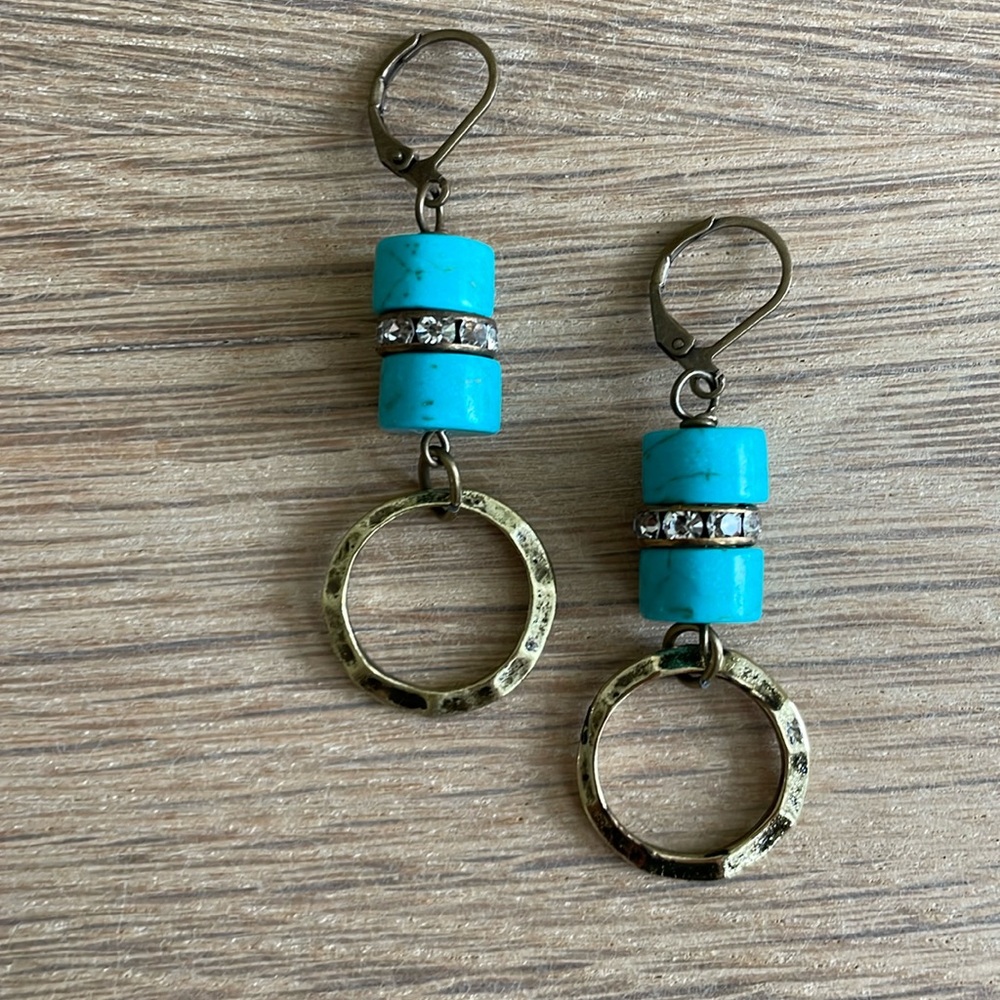 HANDCRAFTED HOOP EARRINGS Antiqued Brass  Crystal Rondelles  Turquoise